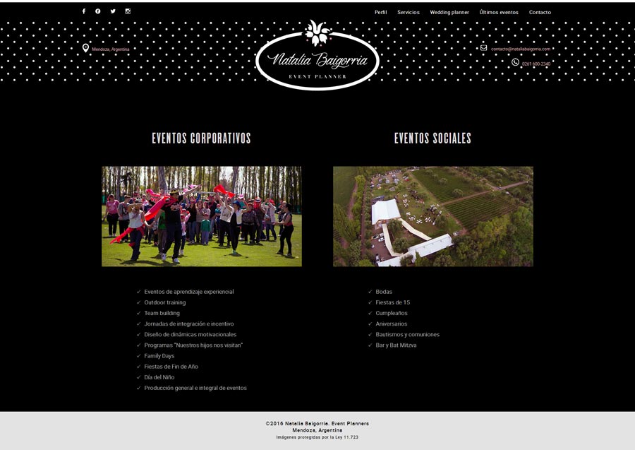 Portada sitio web ideado y realizado por La Vuelta Web para Natalia Baigorria Event Planner, Mendoza