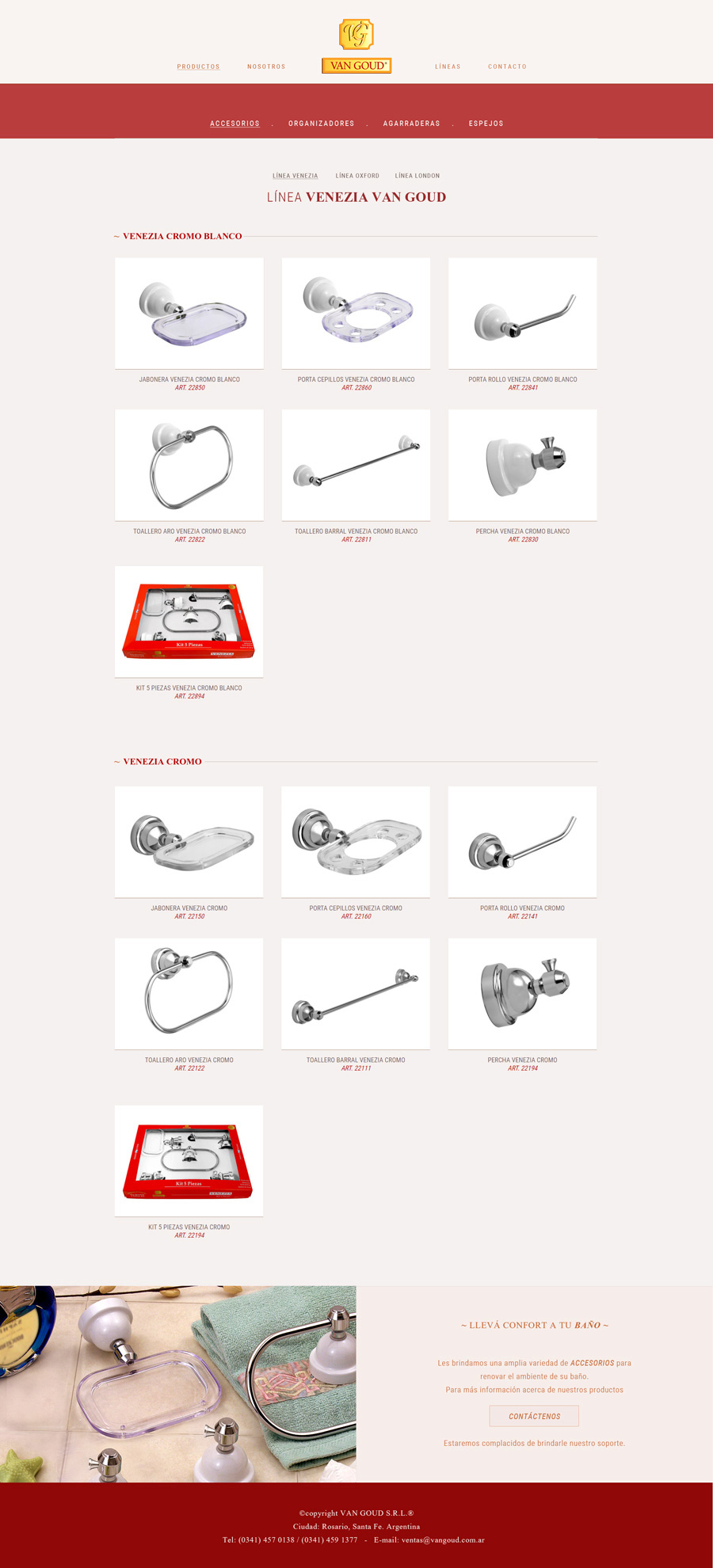 página web muestra los accesorios para el baño de la empresa Van Goud SRL