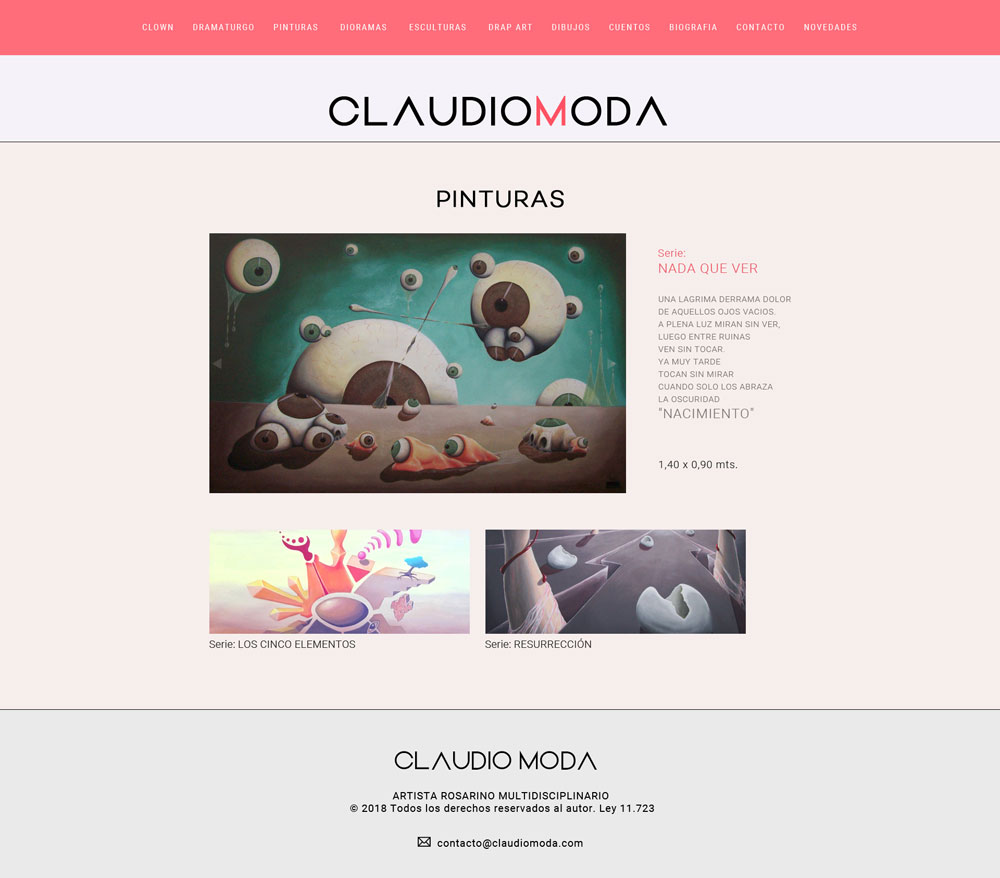 Sección de la web dedicada a mostrar las pinturas del artista Claudio Moda. Desarrollada por La Vuelta Web