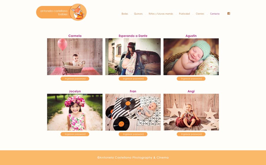 Web, sección Clientes. Fotografia de familia, futuras mamás y bebes para Antonela Castellano por La Vuelta Web