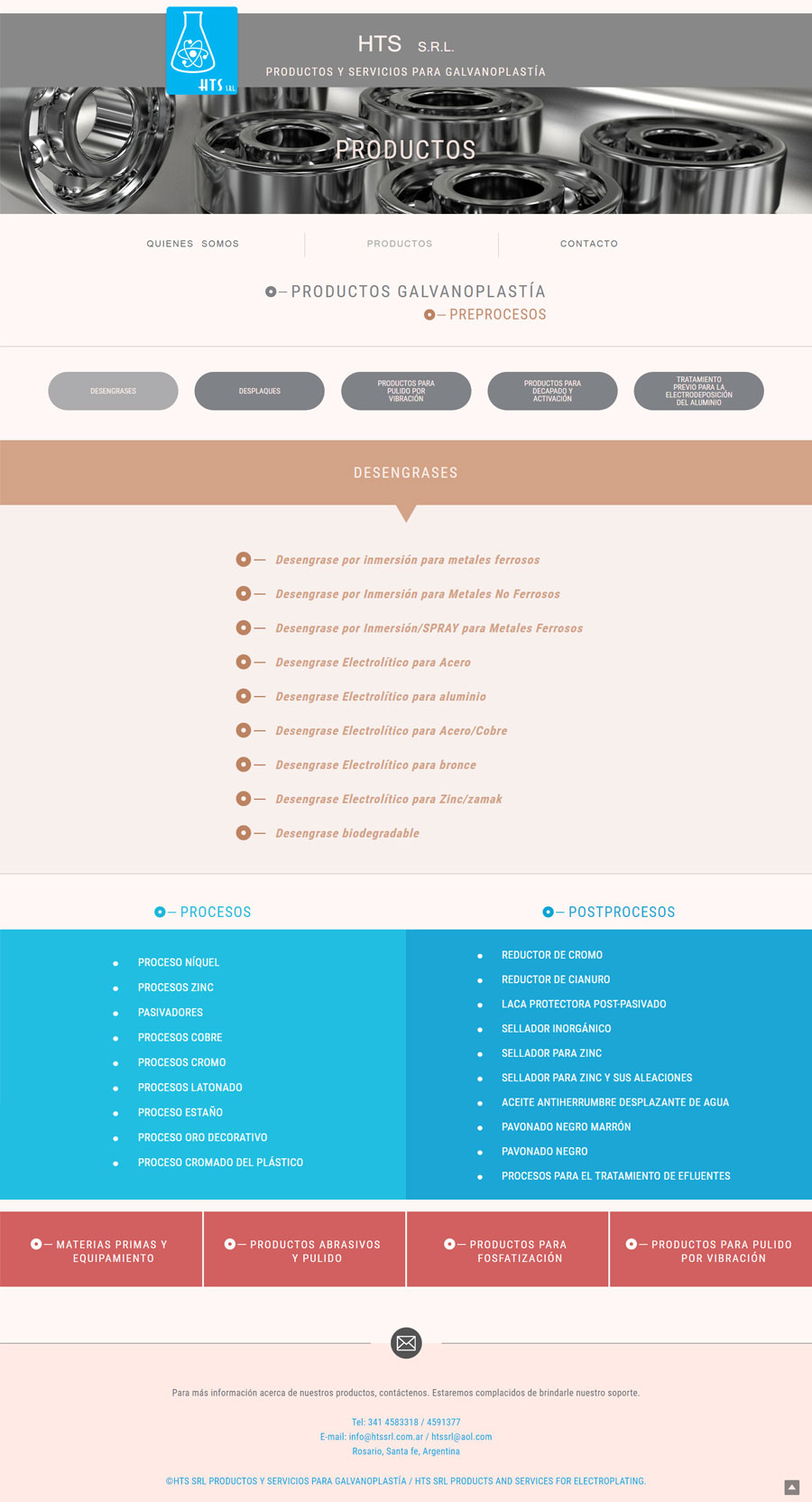 Web diseñada y desarrollada por lavueltaweb para la empresa HTS SRL Desengrases, desplaques, Productos y servicios de Galvanoplastía.