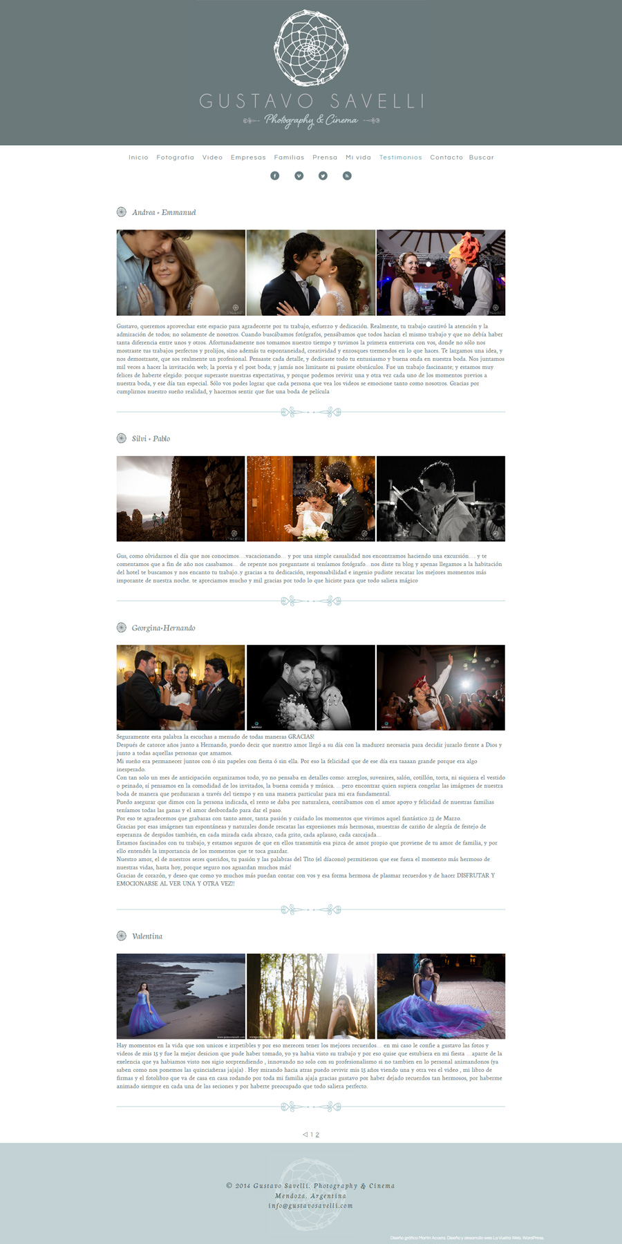 Sección "Testimonios" de la web de Gustavo Savelli Photography & Cinema diseñada y desarrollada por La Vuelta Web